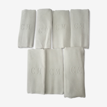 Lot de 6 anciennes serviettes damas broderie monogramme CM