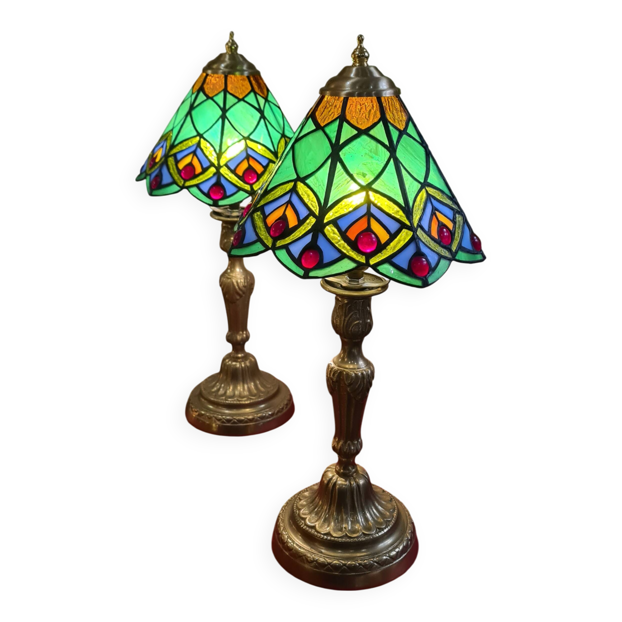 Pair of antique bronze lamps, glass lampshades, 44x21, stained glass, Tiffany style.