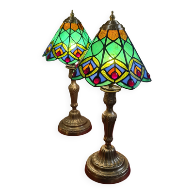 Paire lampe bronze ancienne abat jour verre 44x21 vitrail style tiffany