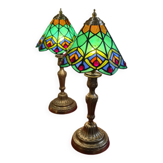 Paire lampe bronze ancienne abat jour verre 44x21 vitrail style tiffany