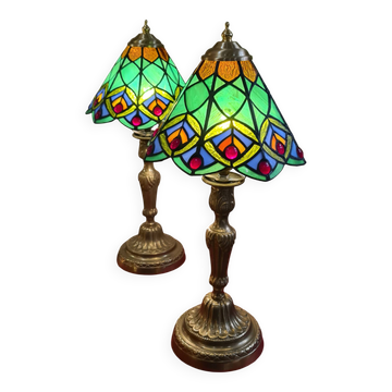 Pair of antique bronze lamps, glass lampshades, 44x21, stained glass, Tiffany style.