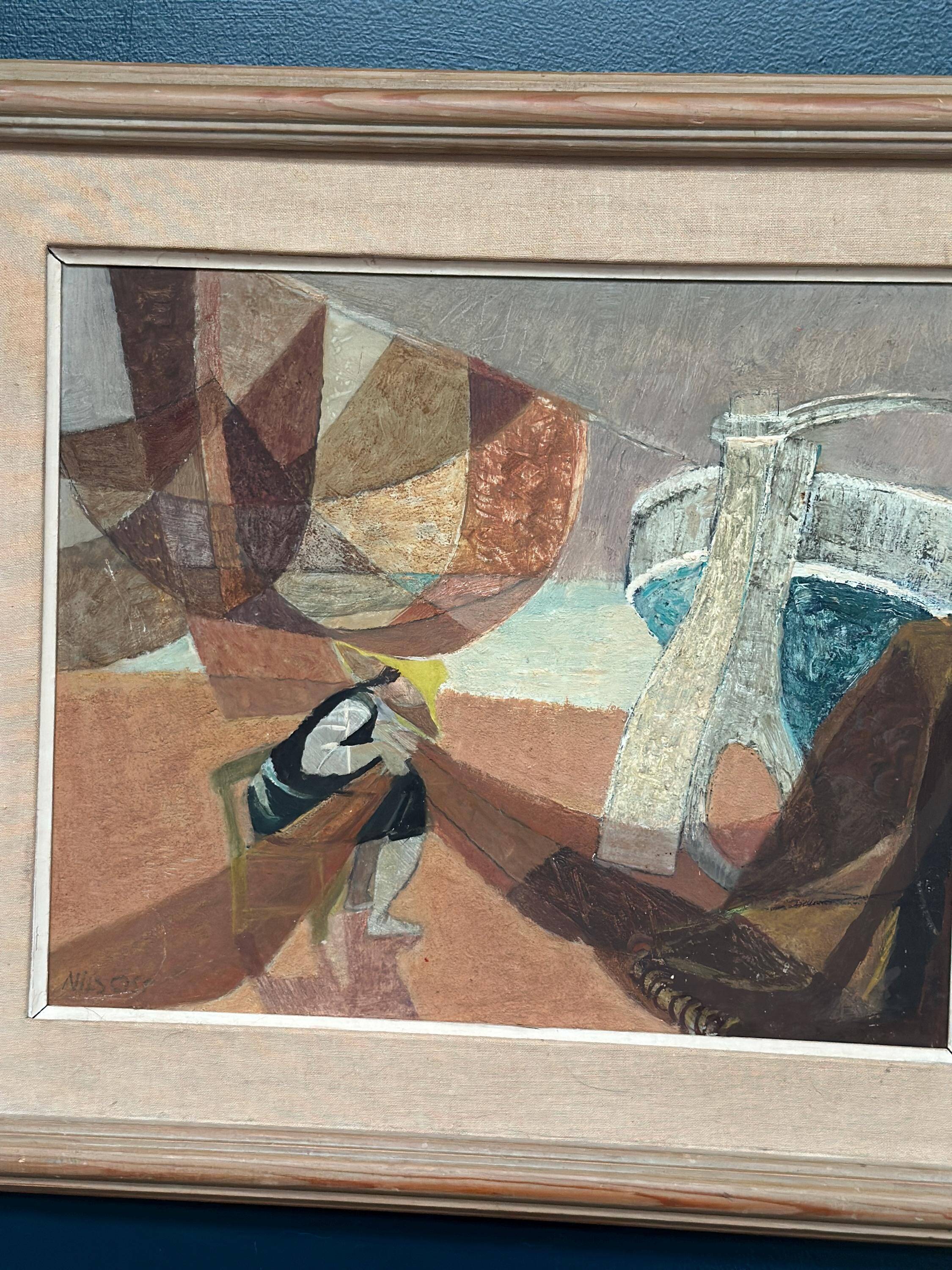 Original Swedish Oil on Panel – “Figure with Boats” by Nils Öst (1908–1982)