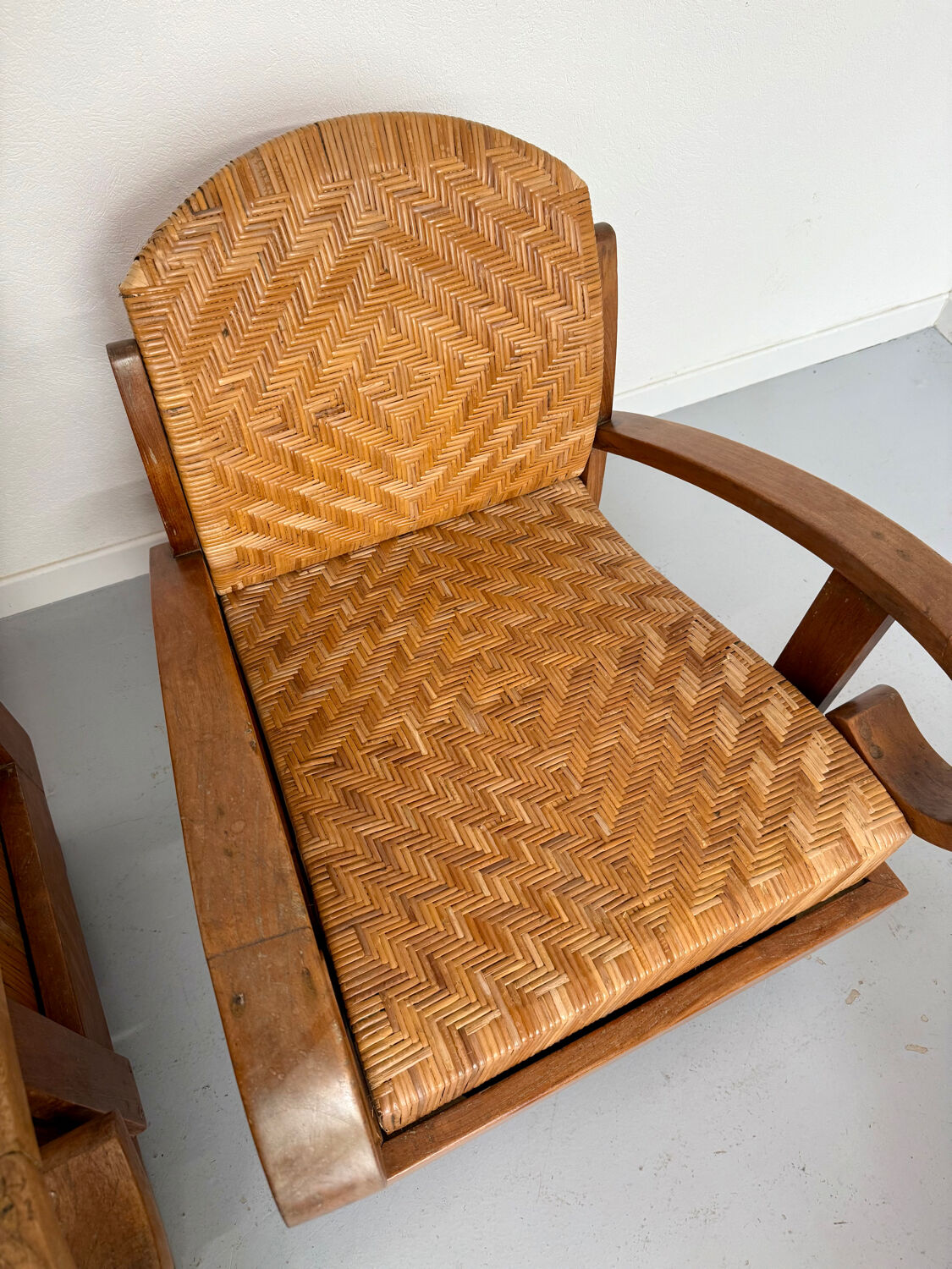 Set of 4 woven rattan armchairs, colonial style, 1950s