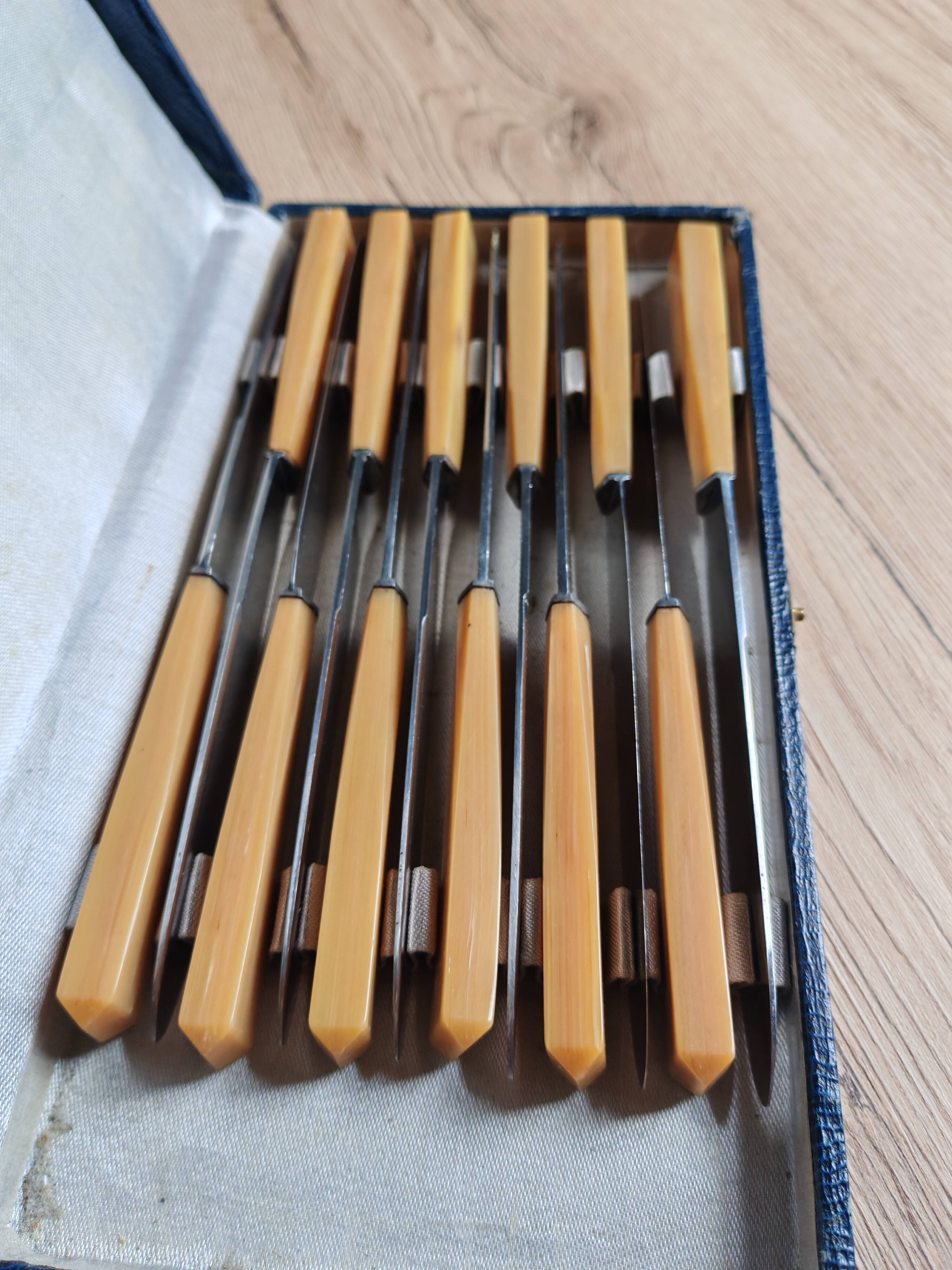 Coffret 12 couteaux de table vintage | Manches bakélite ivoire