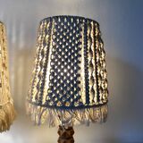 Pair of carved wood and macramé bedside lamps