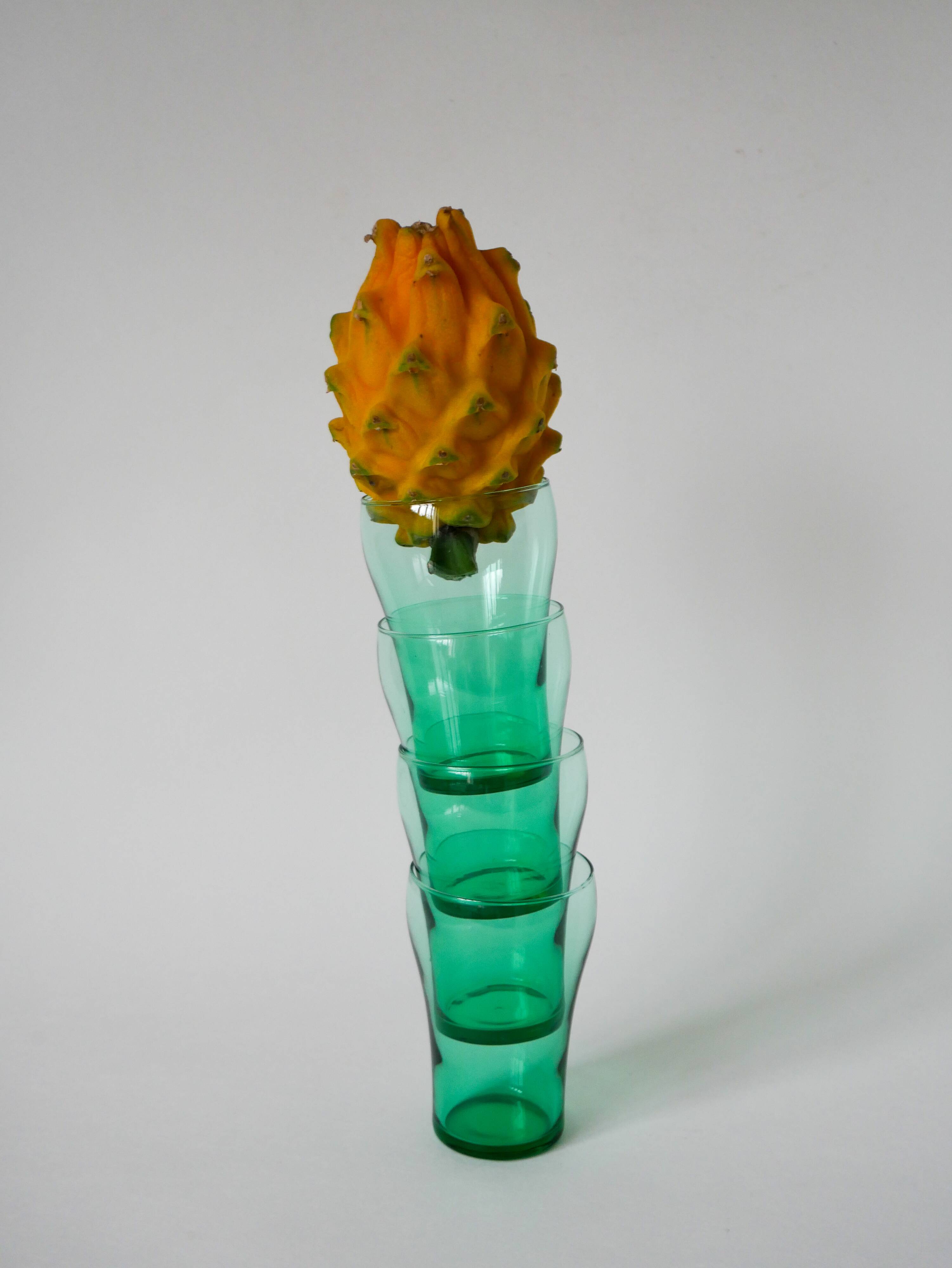 Set of 4 green glass glasses 1970