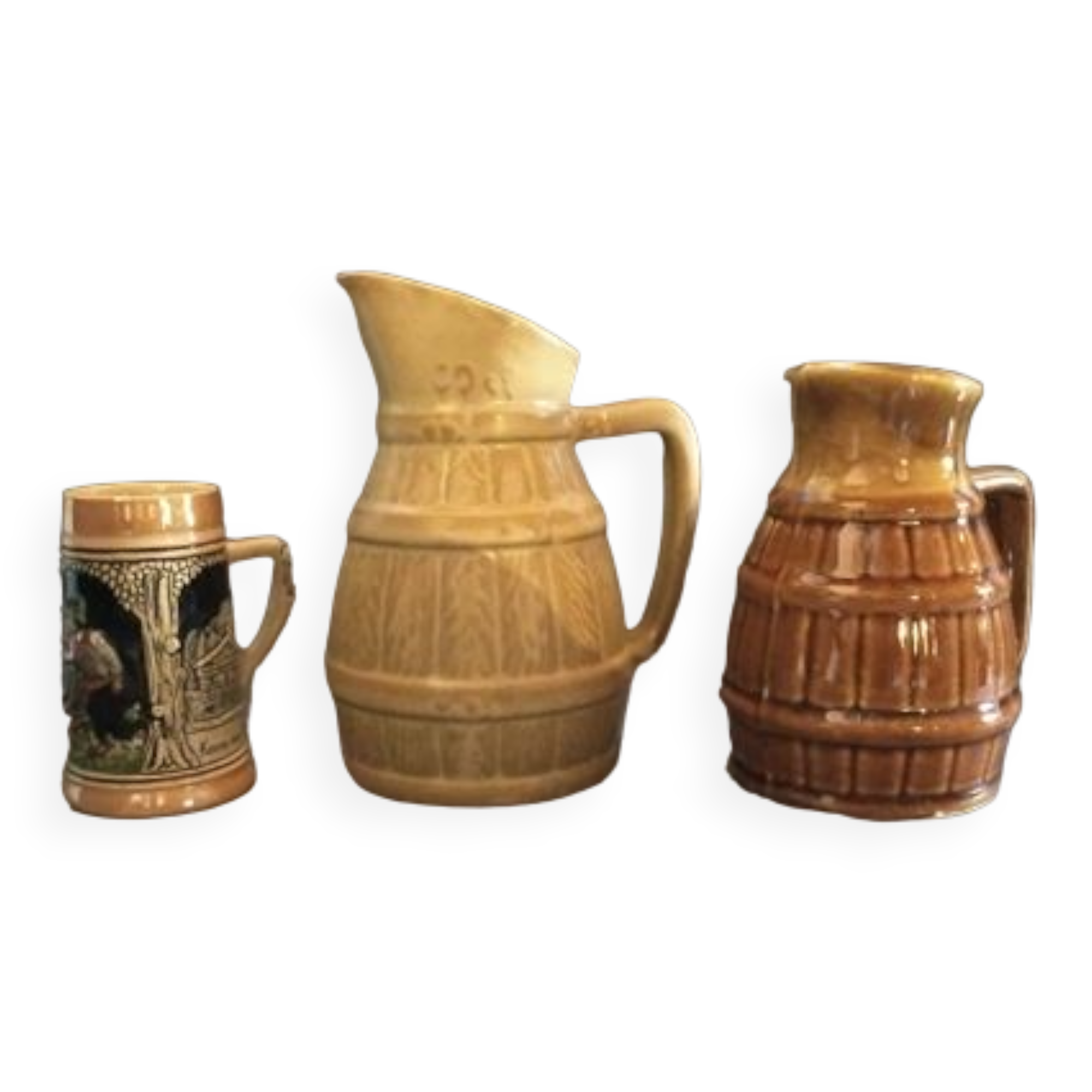 Two pitchers and a small original king beer mug