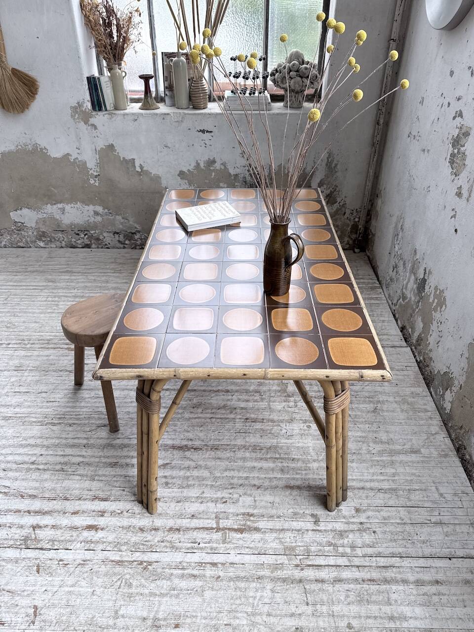 1950s rattan table with ceramic top
