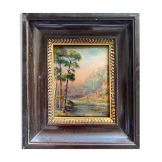 Painting "Lake landscape" Limoges enamels signed A.B.