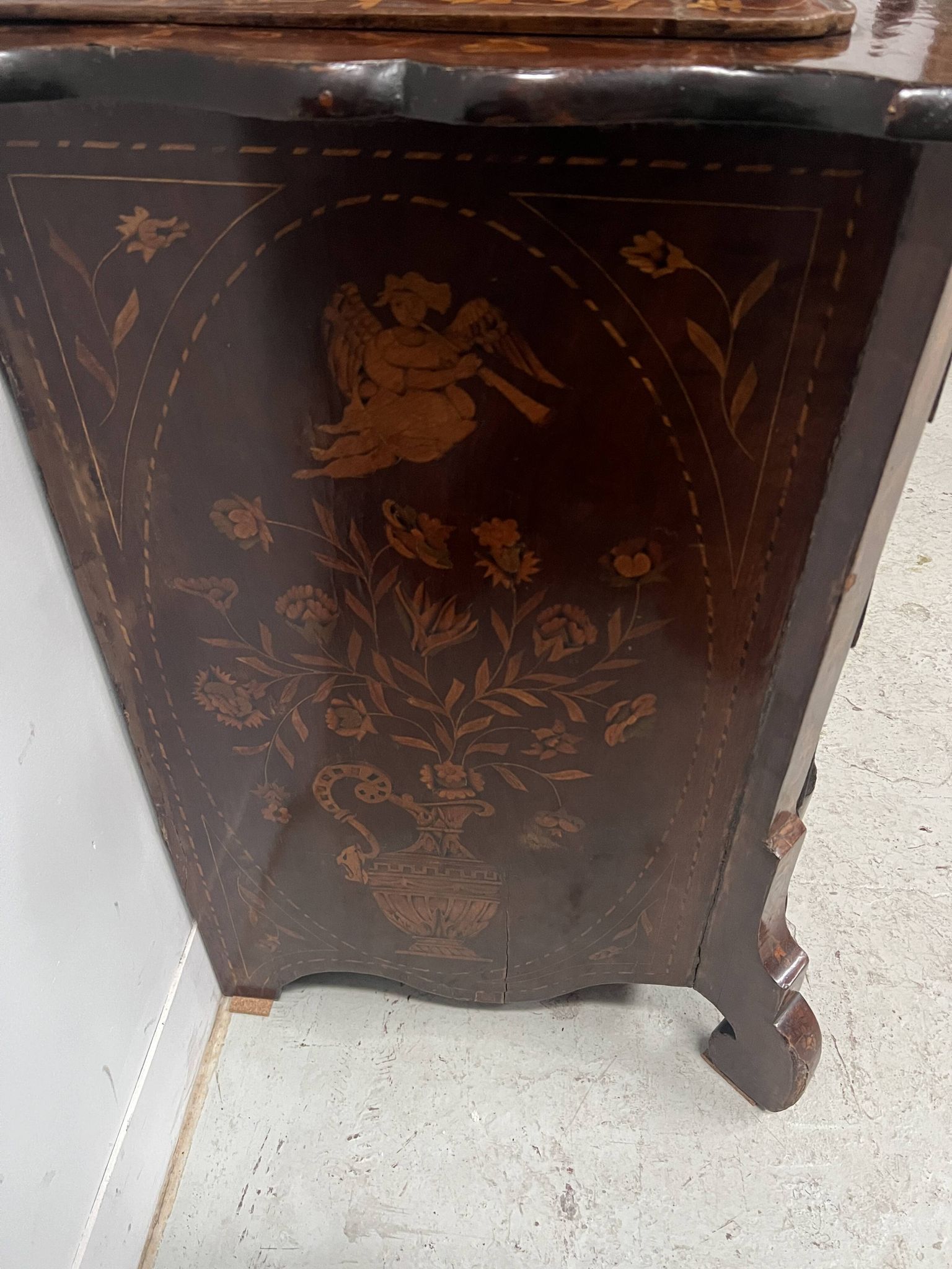 Dutch display cabinet in two parts made of marquetry wood.
