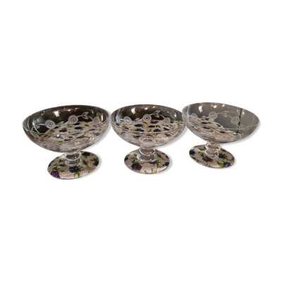 3 Coupes à Champagne Art Déco En Cristal Gravé De Marguerites