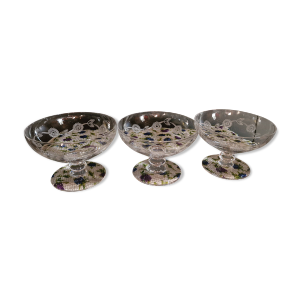 3 Coupes à Champagne Art Déco En Cristal Gravé De Marguerites