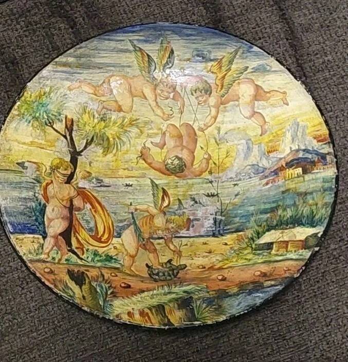 Antique cold-painted Cupino plate, late 19th century, Italy, majolica