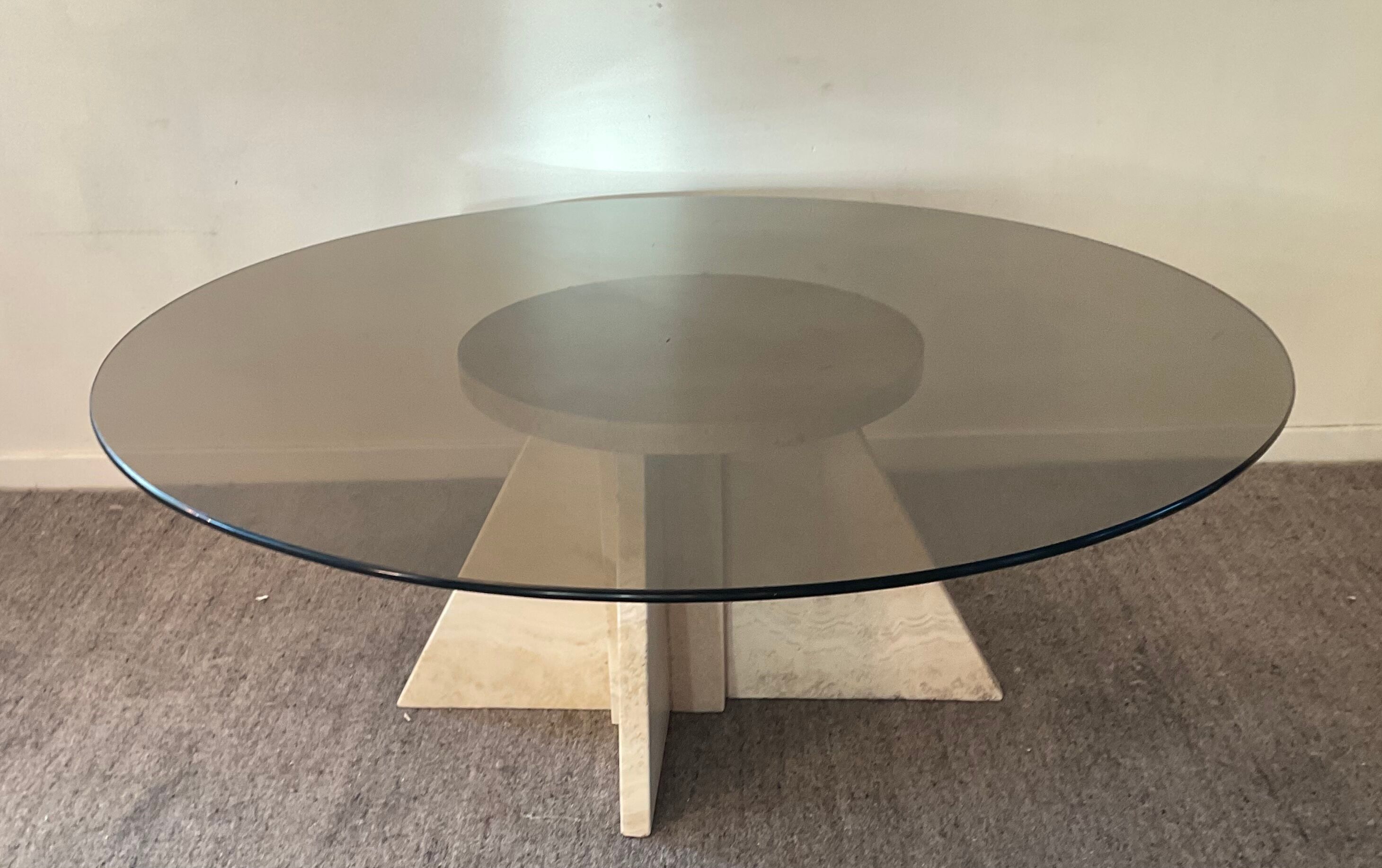 Vintage coffee table in travertine and smoked glass 70s