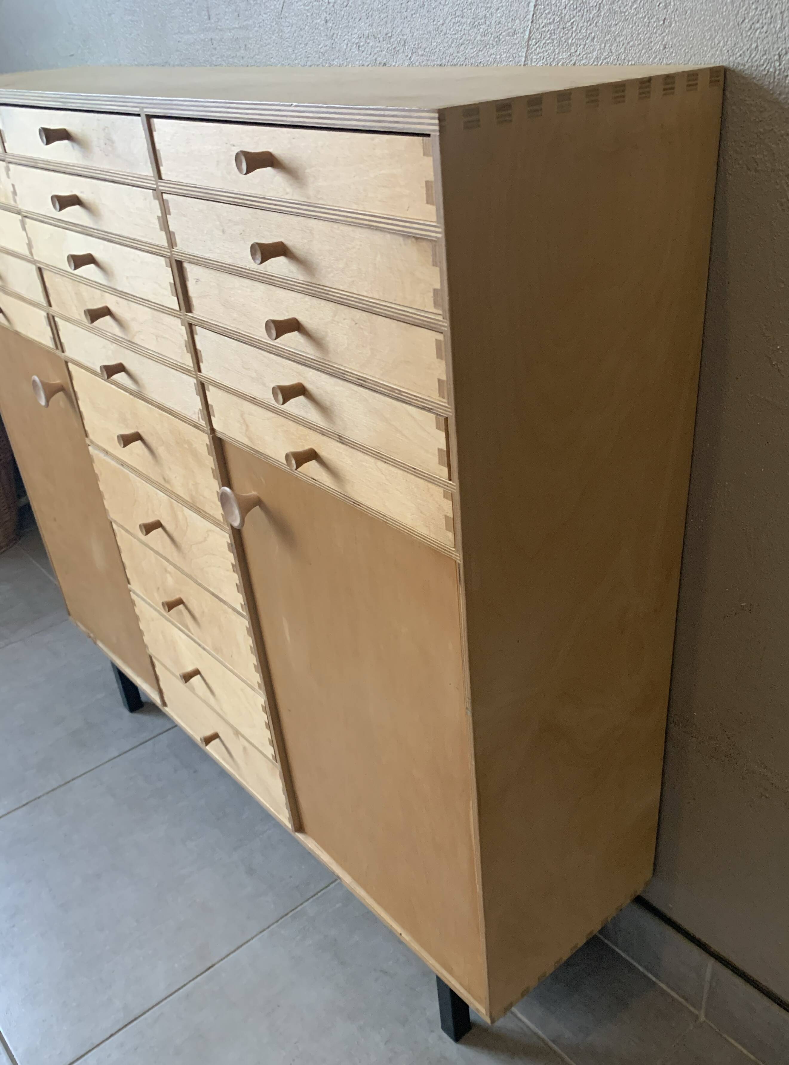 Vintage 20-drawer craft cabinet, 1960s in raw wood