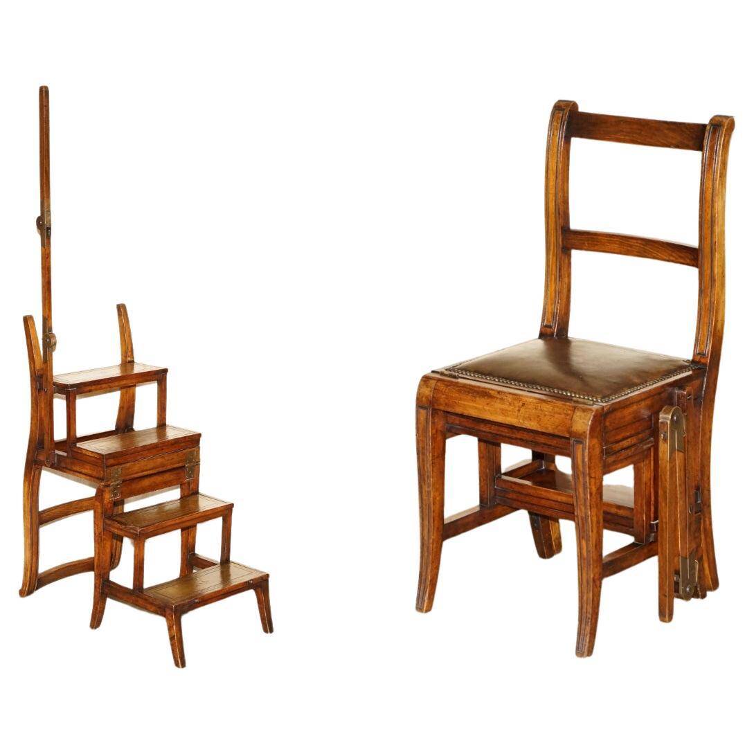 Victorian library chair, convertible, hardwood, leather, brass, circa 1880.