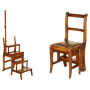 Victorian library chair, convertible, hardwood, leather, brass, circa 1880.