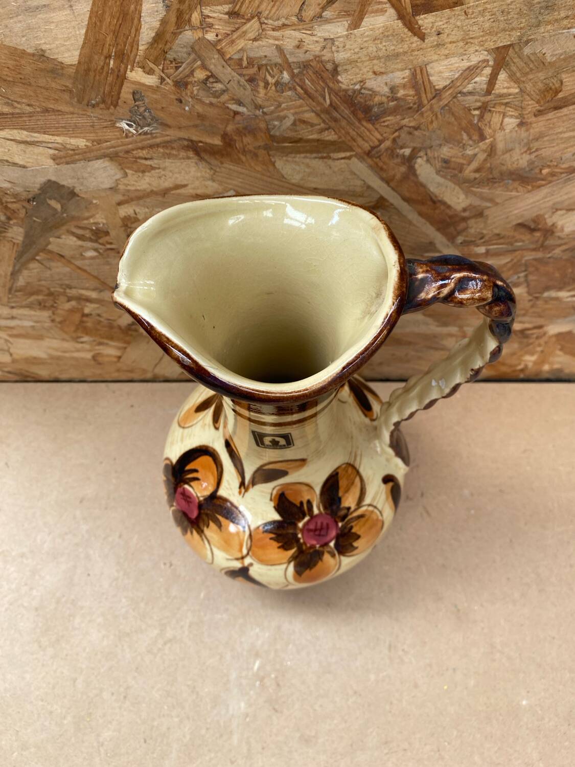 Antique JASBA Ceramic Pitcher Brown Beige Flower Decor Germany Vintage #B243