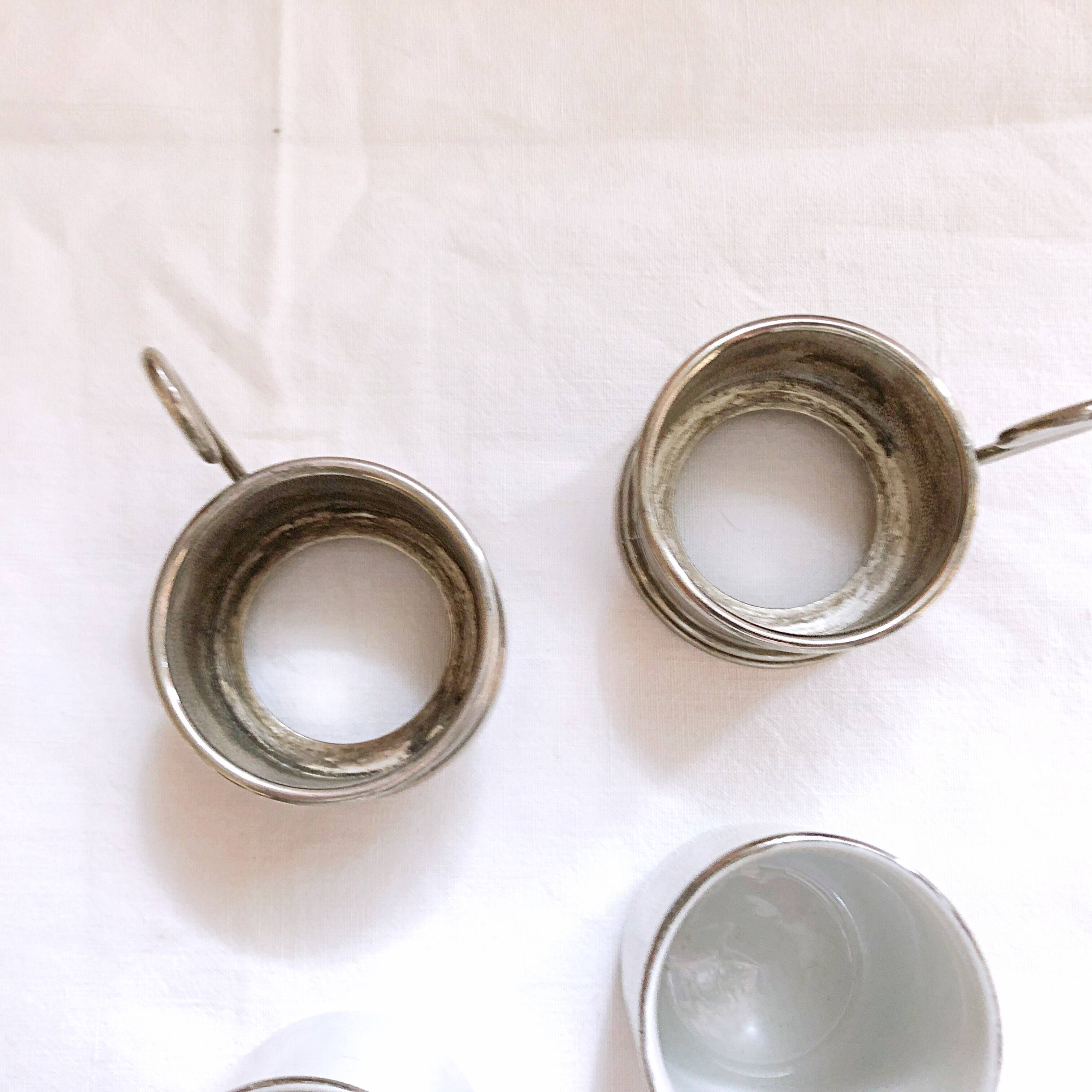 Duo Italian Porcelain Cups with Vintage Monopoly Pewter Holder