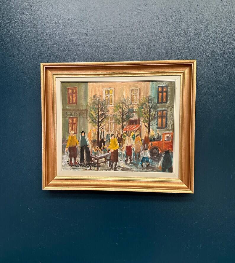 Original Swedish Oil on Canvas – “Market Scene” by Arne Wallsten – Signed