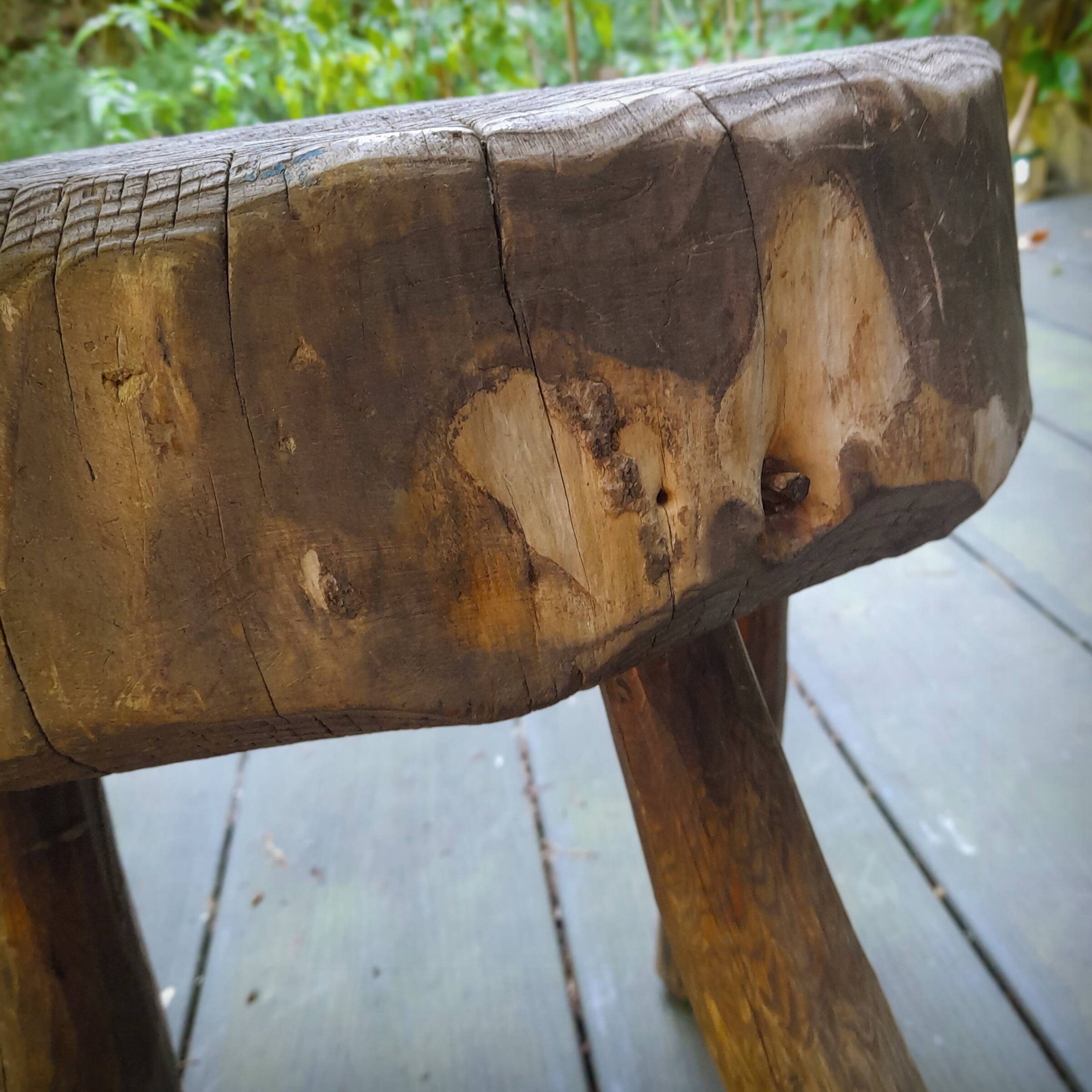 Brutalist tripod stool in grayed pine. France, 1950s