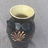 Vase amphore en céramique émaillée jaune et noir peint à la main vintage