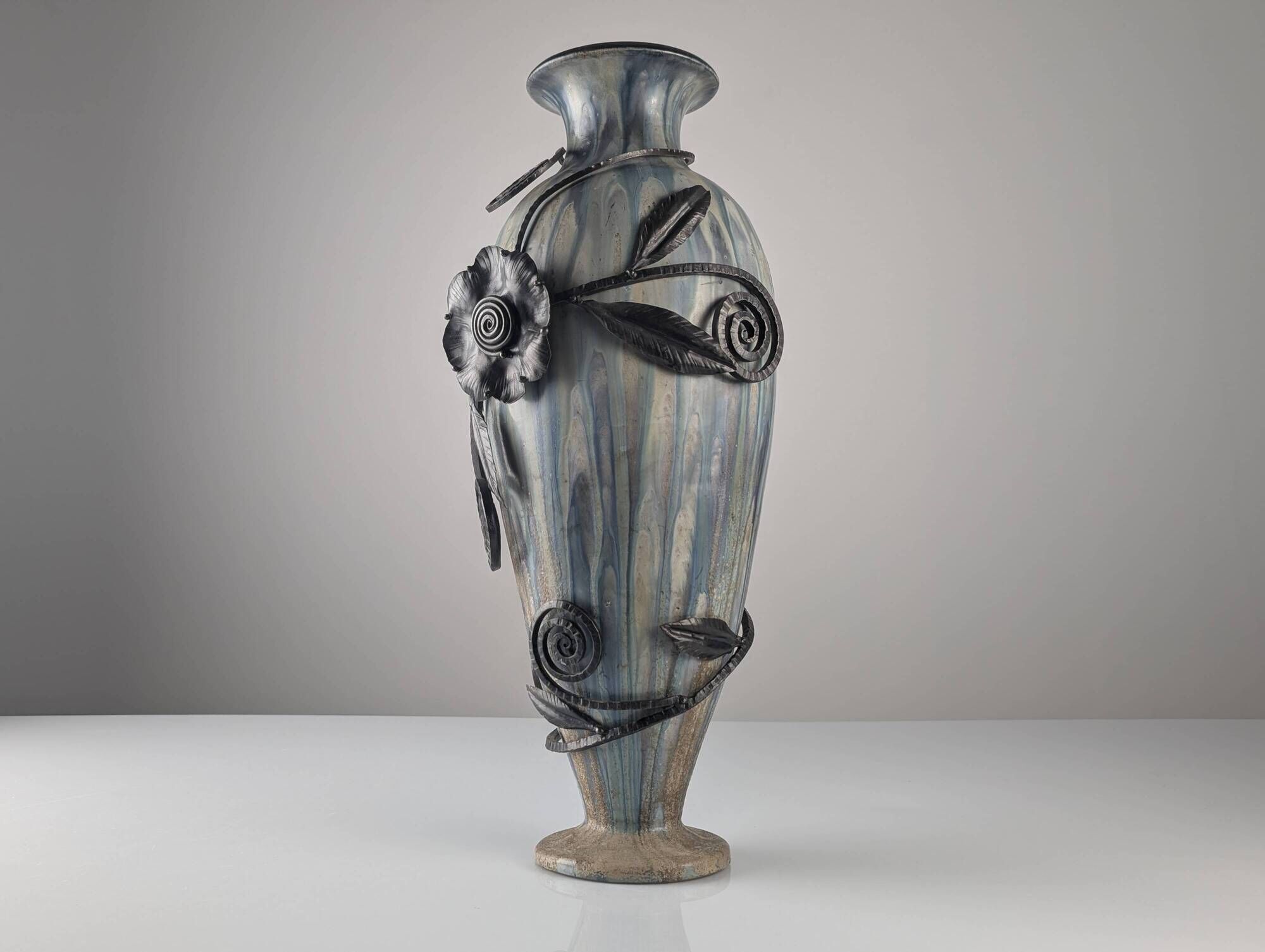 Roger Guérin Belgian Art Deco Stoneware & Wrought Iron Vase 1930s