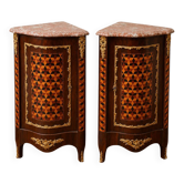 Pair of curved corner cabinets from the Louis XV period in marquetry – Gilded bronzes