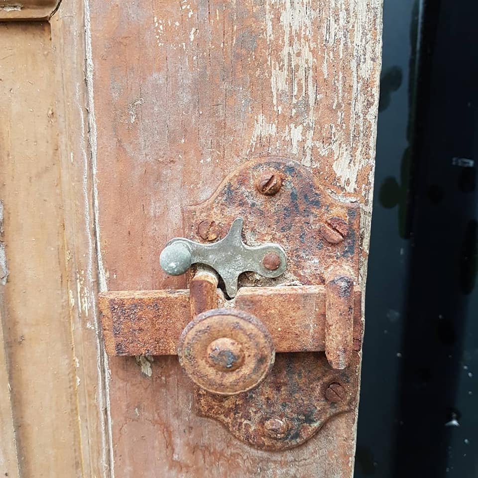 Ancient paneled solid oak door with 3 windows