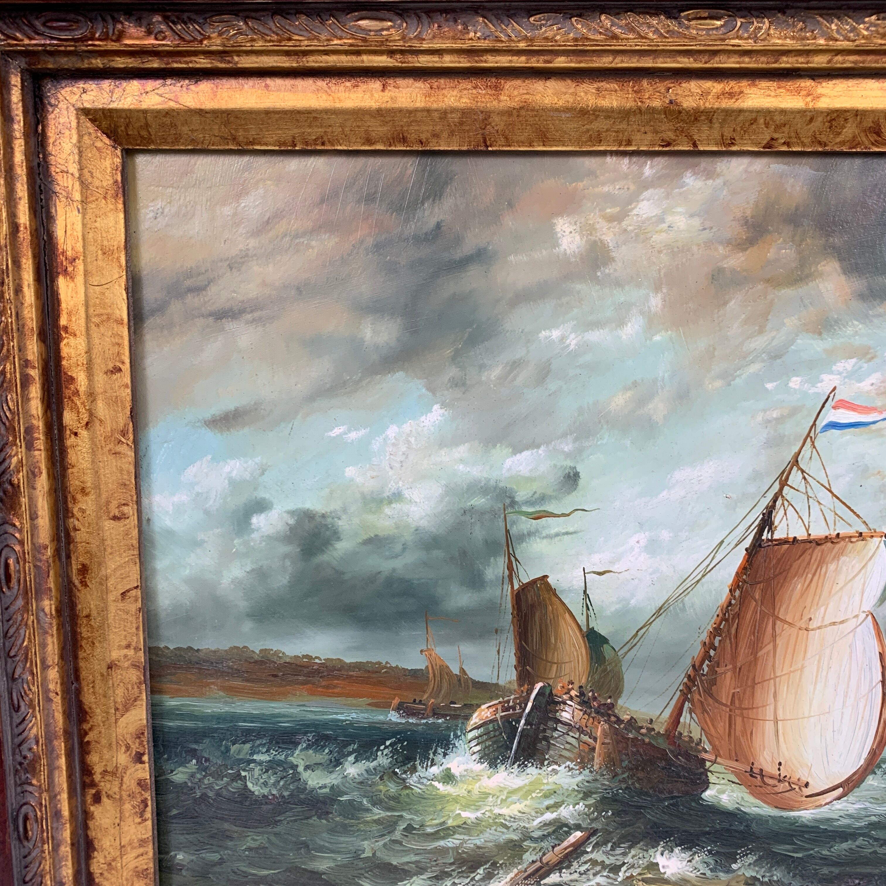 Table painting marine sailboat oil on panel