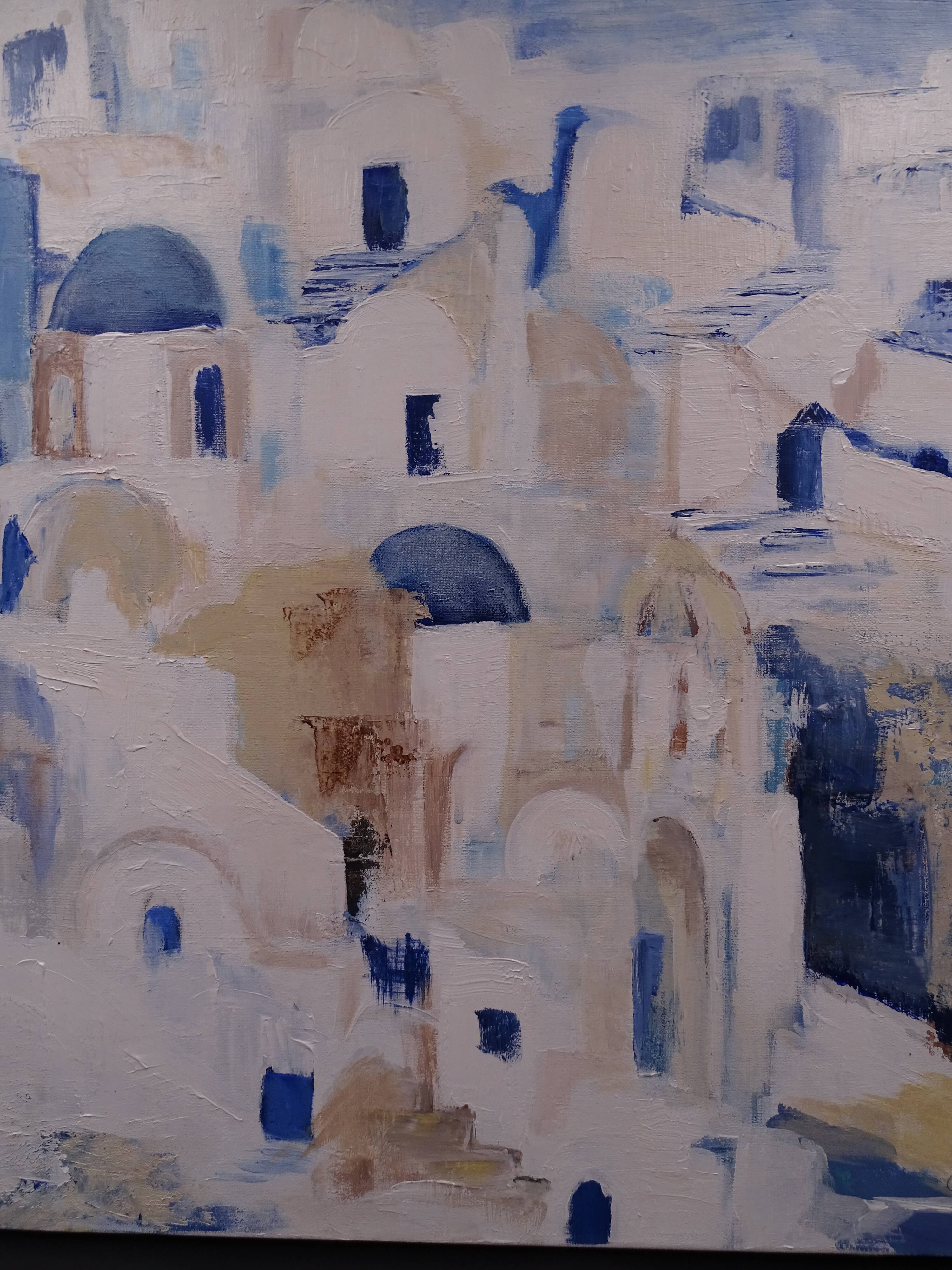 The Greek village - Pastel blue and ochre tones - Signed dated