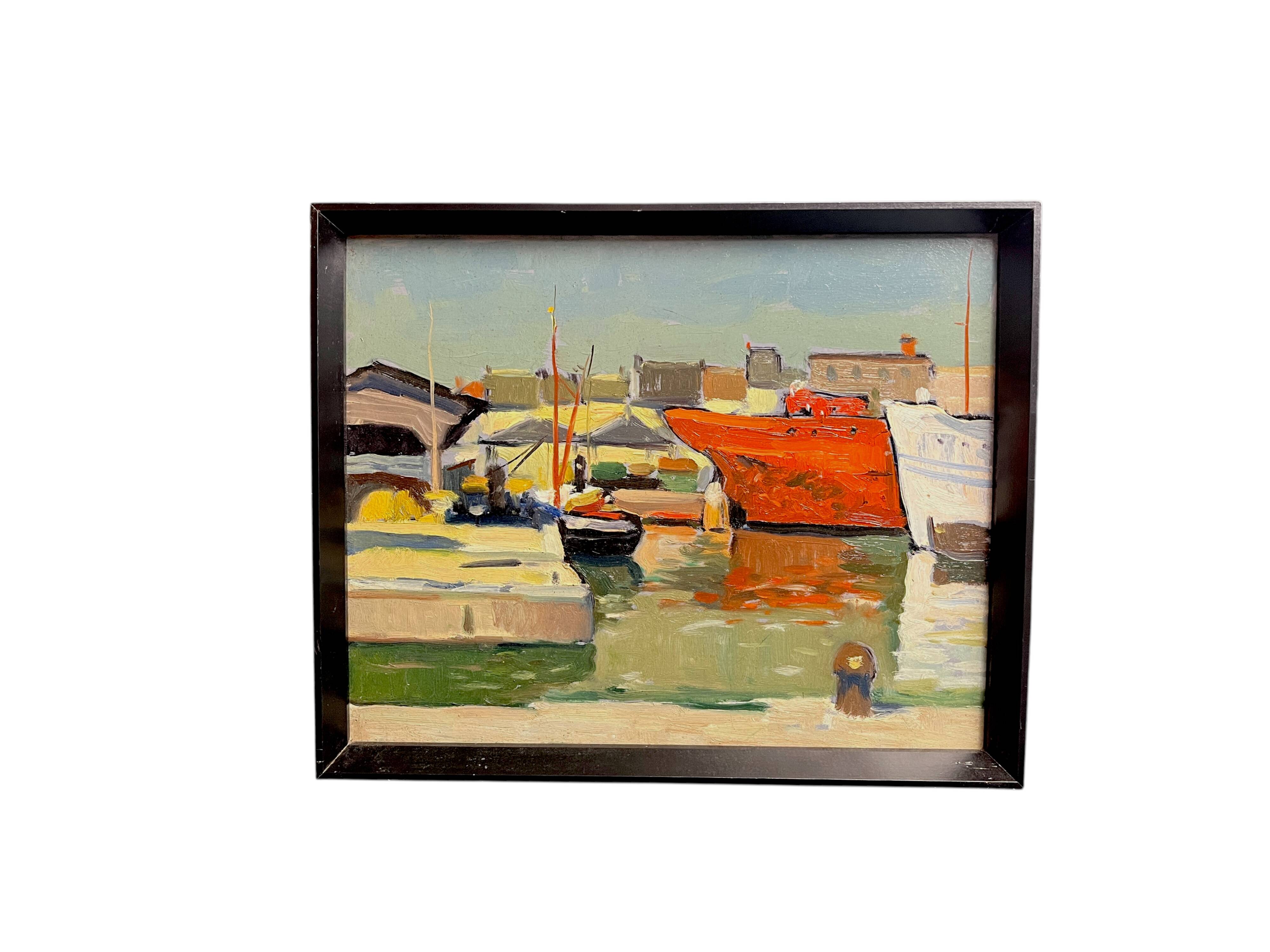 Oil on panel Boats in the port frame 20th century