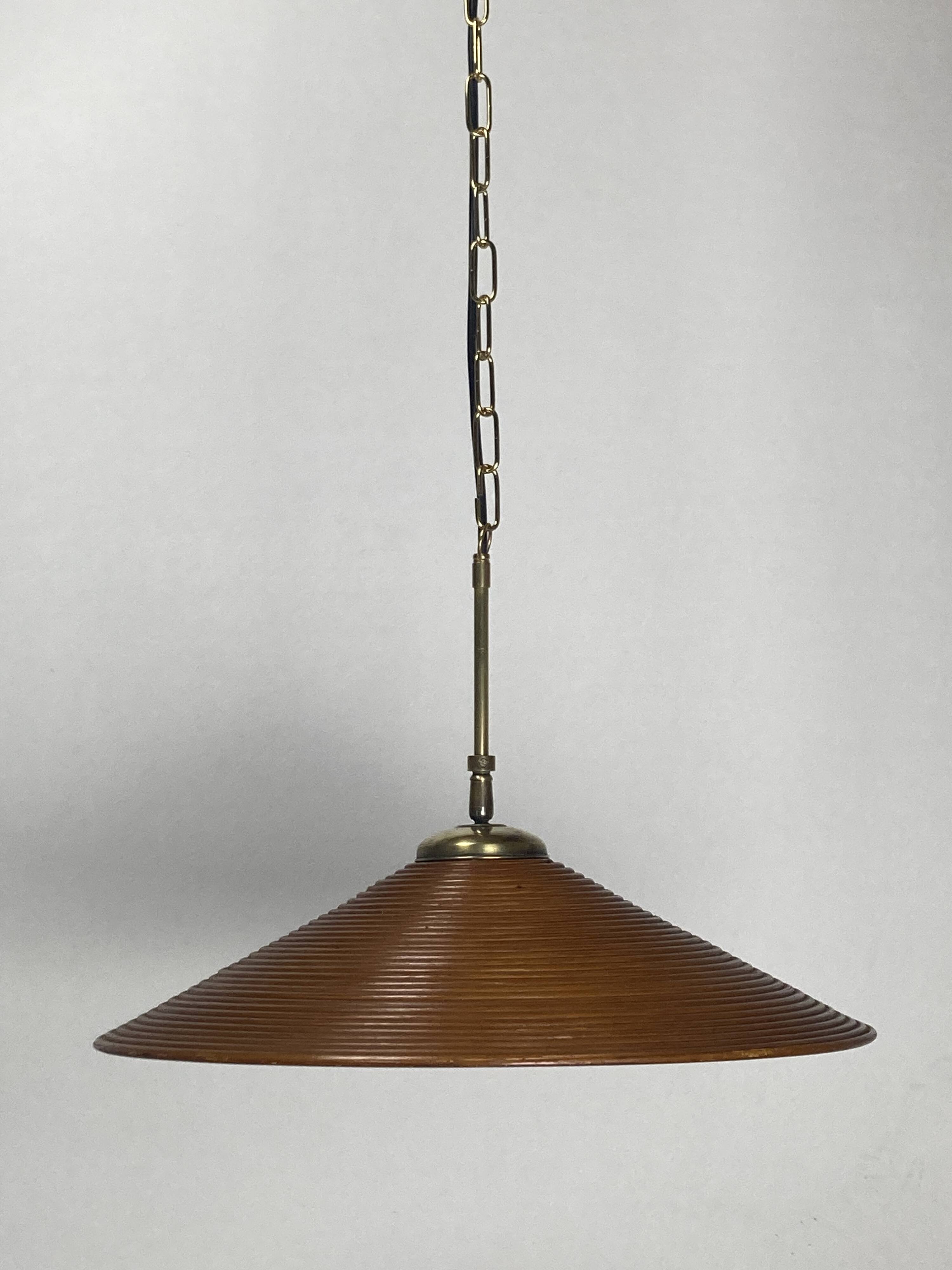 Pencil Split Reed, Rattan, Bamboo & Brass hanging Pendant Lamp, 1970s