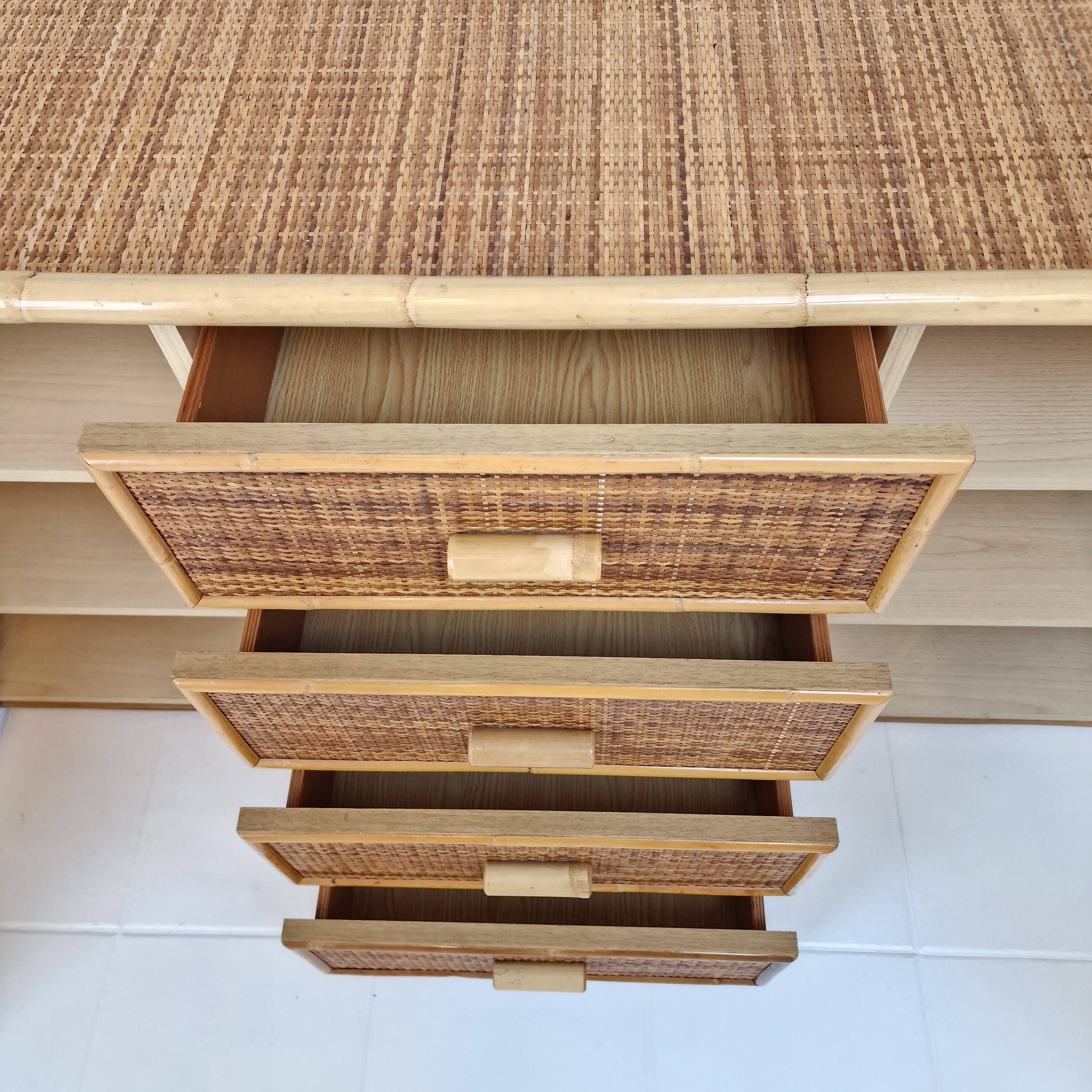 Italian Bamboo and Rattan Chest of Drawers or Credenza, 1980s