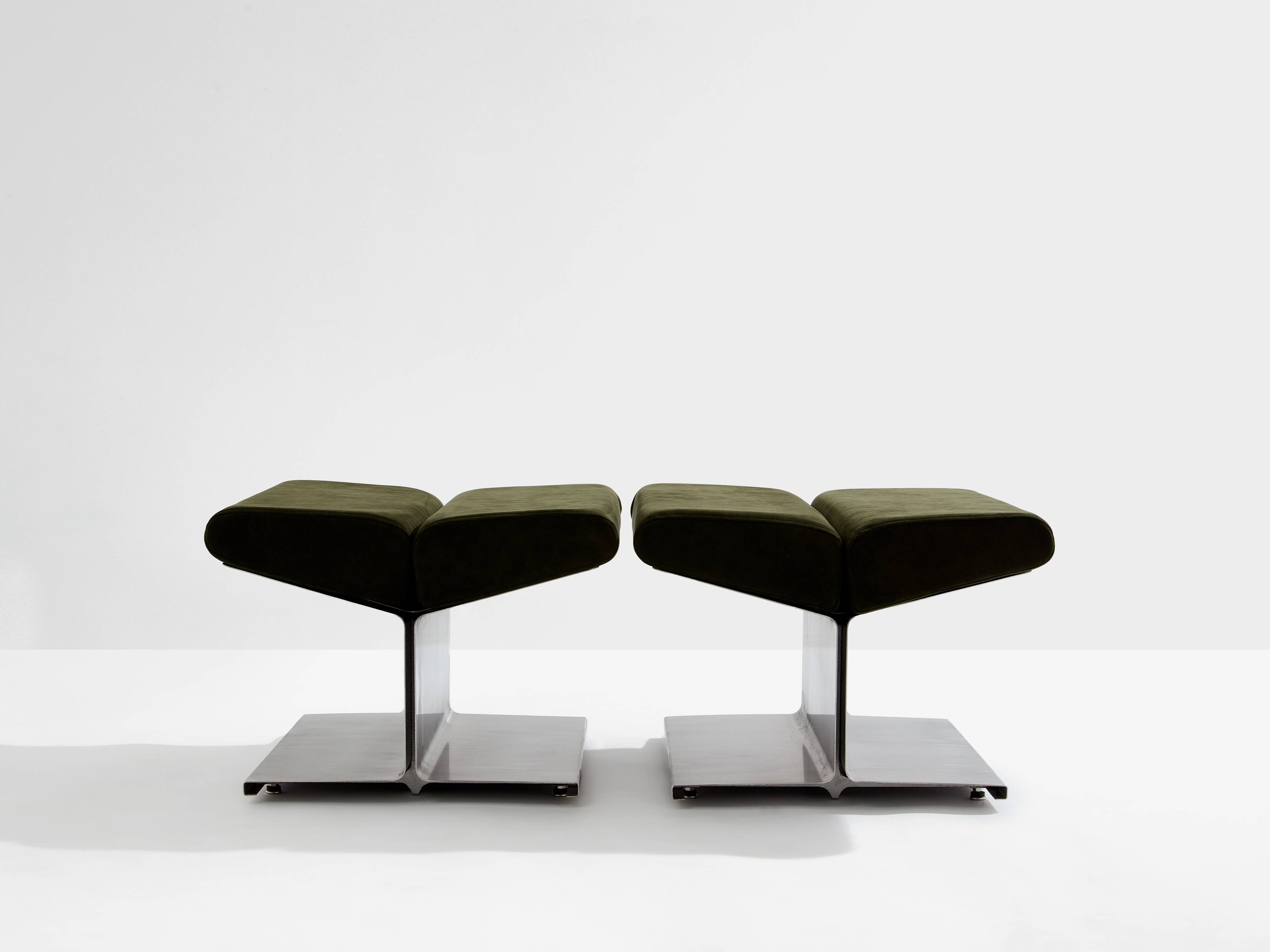 Pair of ottomans by Paul Geoffroy, brushed steel and alcantara, 1975