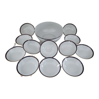 Green or fruit salad set 13 pieces 12 people in Limoges porcelain with midnight blue edging