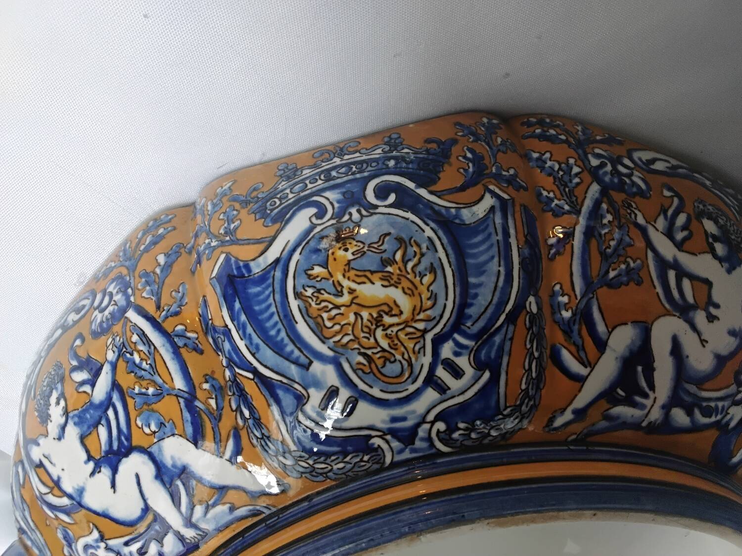 Gien earthenware bowl with handles, Francois I decor, 1860