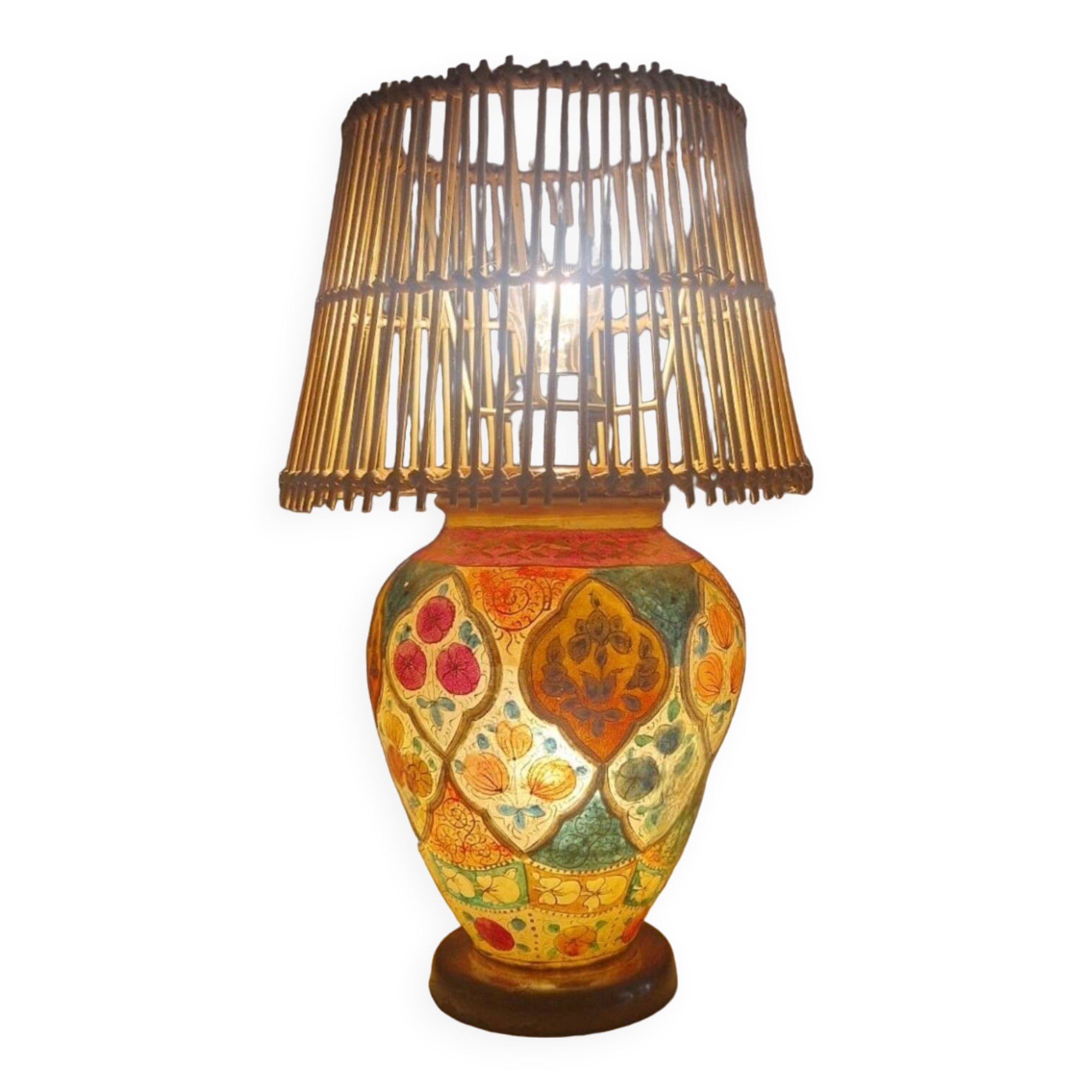 Oriental leather hand painted table lamp, Middle East 1960s