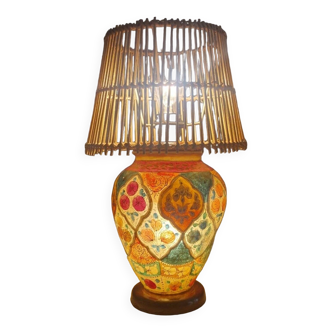 Oriental leather hand painted table lamp, Middle East 1960s