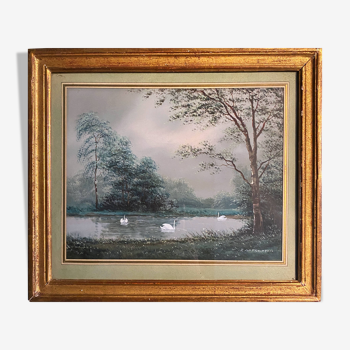 Original Gouache painting "the swan pond" Z.M. François + frame