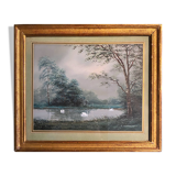 Original Gouache painting "the swan pond" Z.M. François + frame