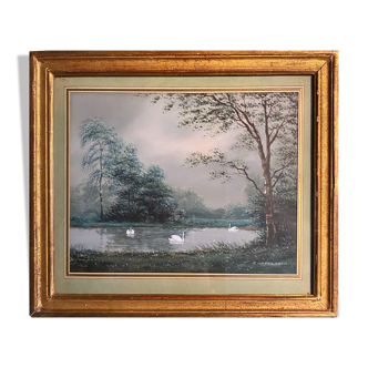 Original Gouache painting "the swan pond" Z.M. François + frame