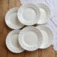 6 assiettes plates vintage en faïence blanche – décor fleurs de lys bleu