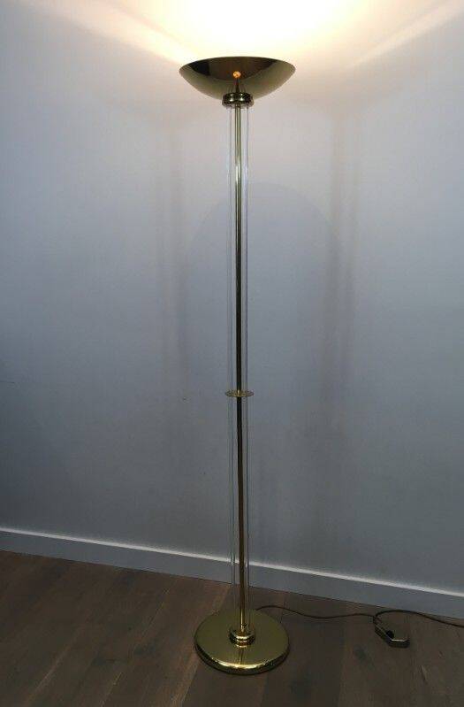 Designer floor lamp in gilded brass and plexiglass