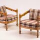 Pair of Giorgetti "1975 Gallery" armchairs in carved wood, original upholstery.
