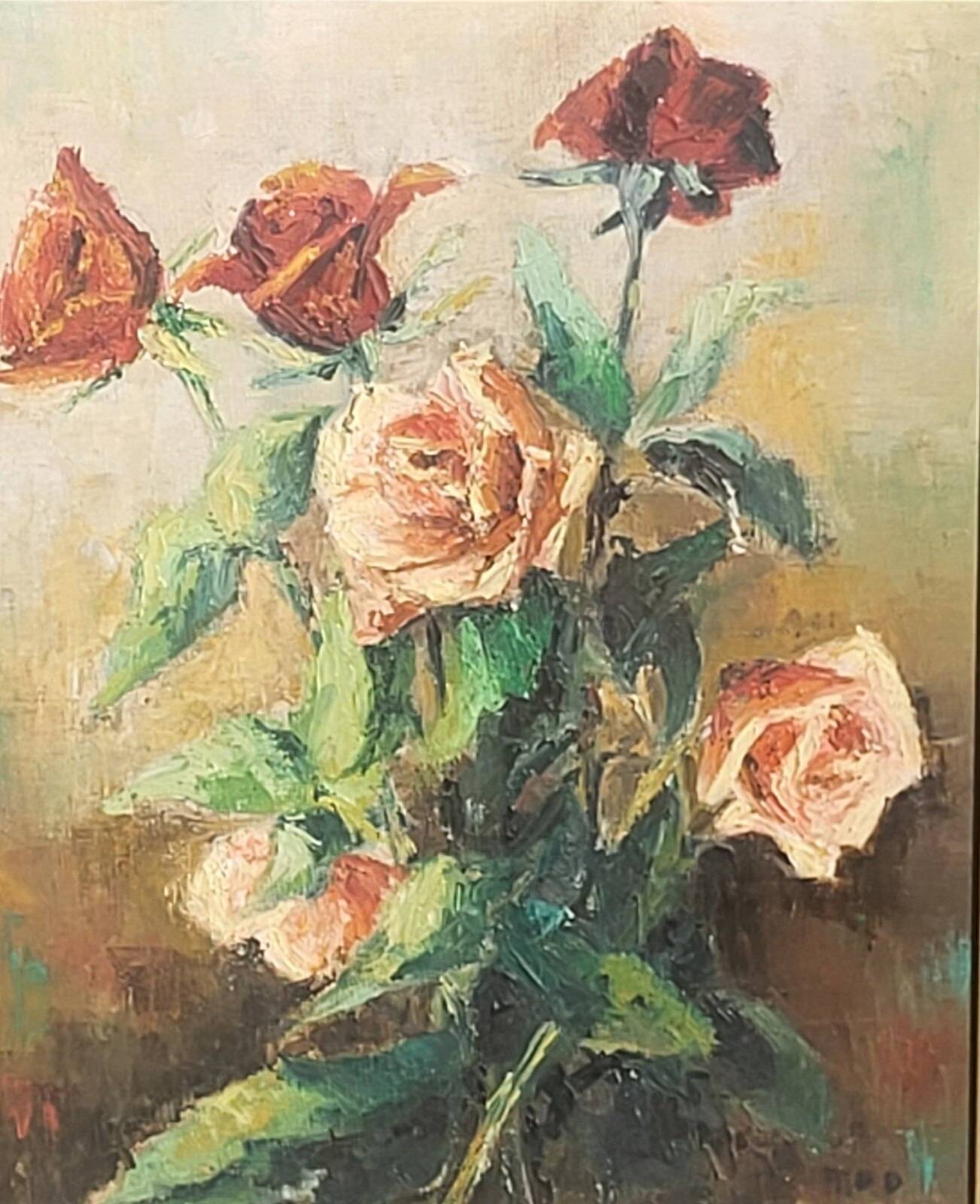 Antique Original Oil Painting of Rose Bushes