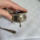 Ancien Saleron et Moutardier en Métal Argenté et Verre Bleu