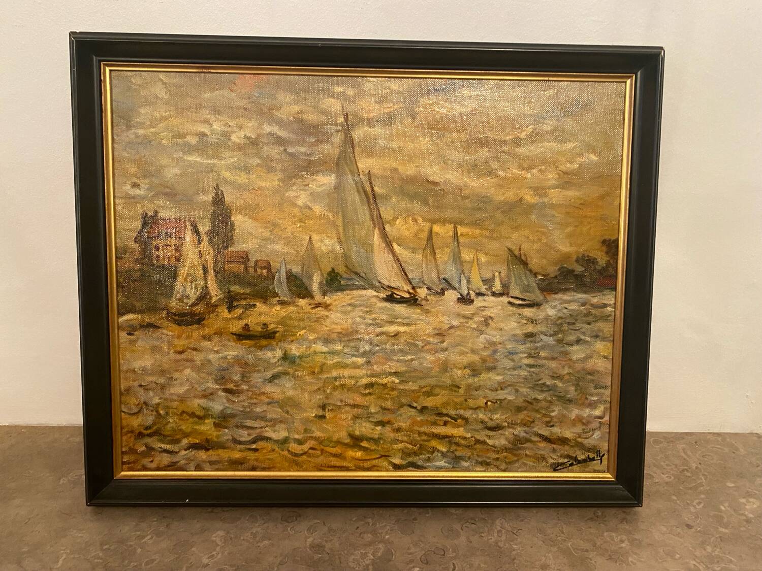 Oil on canvas, Landscape of sailboats