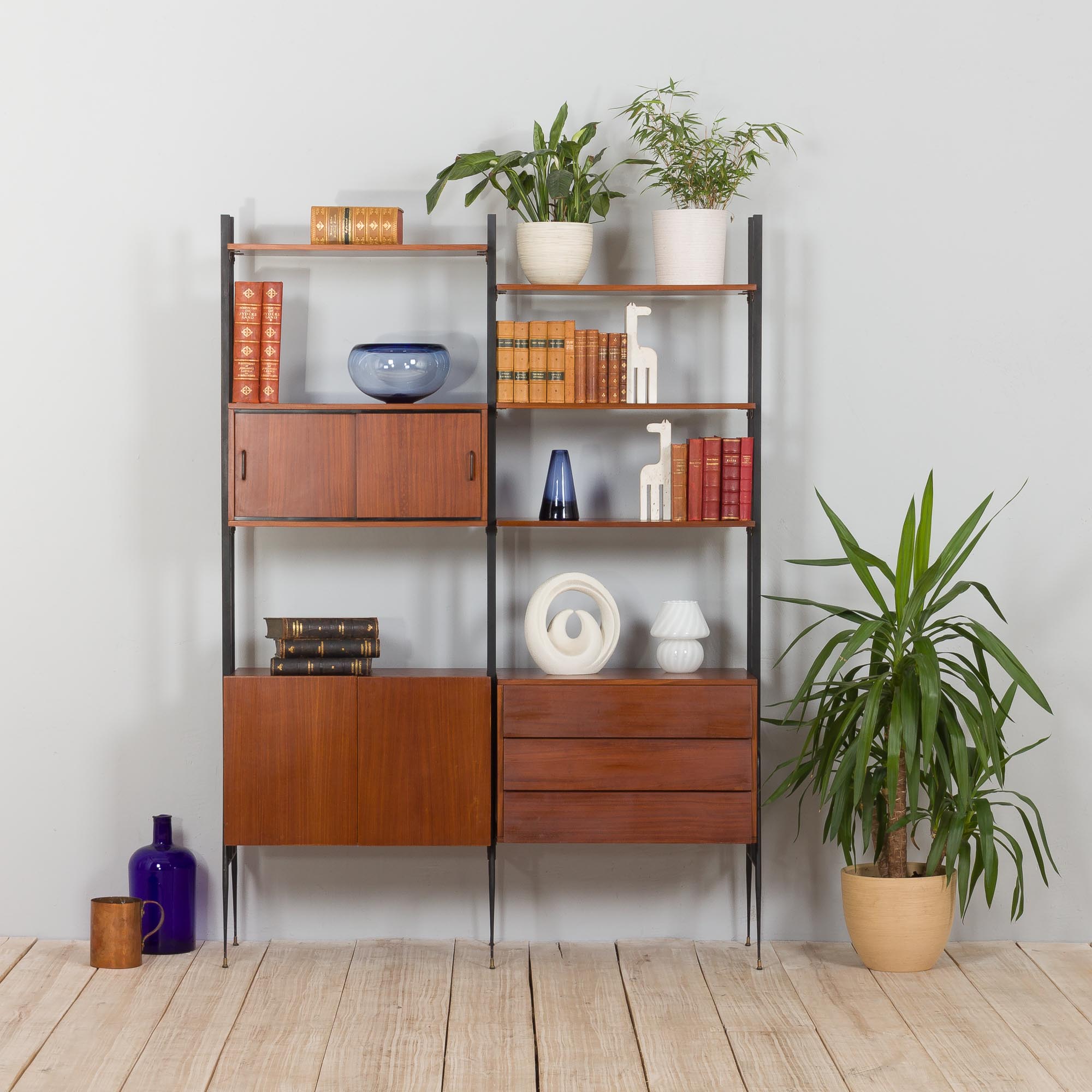 Italian mid century 2 bay teak wall unit free standing, 1960s