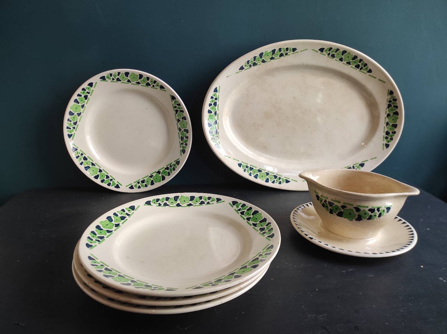 French vintage set of 4 plates, sauce boat and platter, from Longchamps, Cannes model